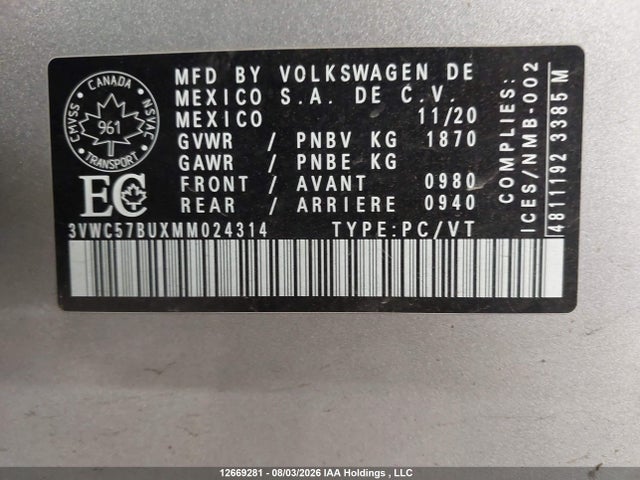 Aukcja sprzedaży 2021 Volkswagen Jetta, vin: 3VWC57BUXMM024314, numer aukcji: 12669281