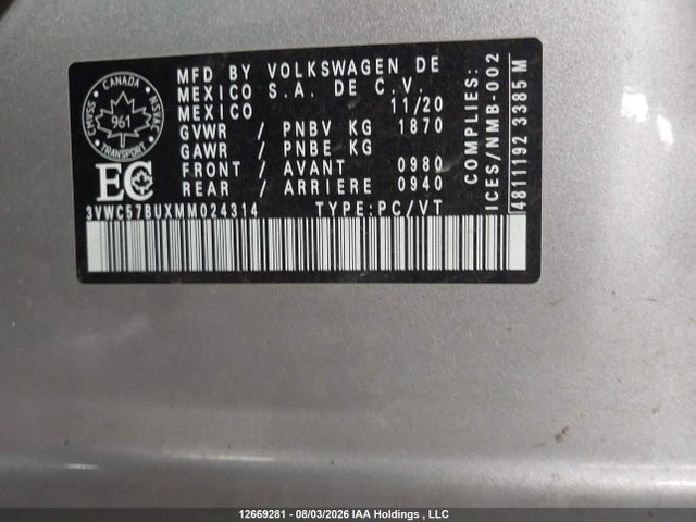 Aukcja sprzedaży 2021 Volkswagen Jetta, vin: 3VWC57BUXMM024314, numer aukcji: 12669281