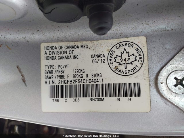 Aukcja sprzedaży 2012 Honda Civic Lx, vin: 2HGFB2F54CH040411, numer aukcji: 12669282