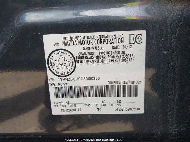 Продаж на аукціоні авто 2013 Mazda Mazda6 Gt-i4, vin: 1YVHZ8CH0D5M00233, номер лоту: 12669284