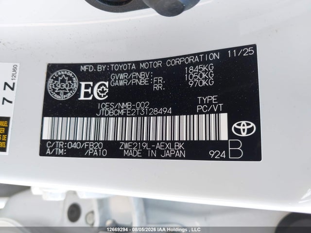 12669294 :رقم المزاد ، JTDBCMFE2T3128494 vin ، 2026 Toyota Corolla Le/se/xle مزاد بيع