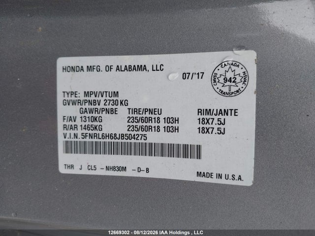 5FNRL6H68JB504275 Honda Odyssey Ex-l