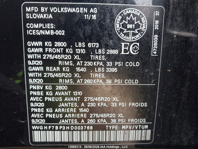 12669314 :رقم المزاد ، WVGHF7BP3HD003768 vin ، 2017 Volkswagen Touareg Execline W/ R-line مزاد بيع