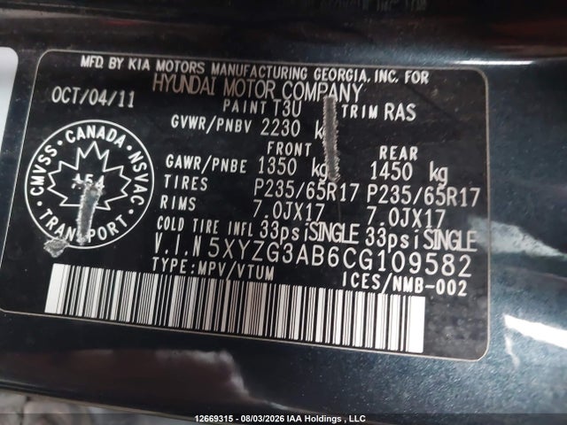 Aukcja sprzedaży 2012 Hyundai Santa Fe, vin: 5XYZG3AB6CG109582, numer aukcji: 12669315
