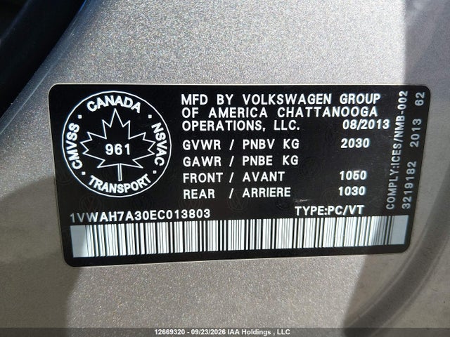 Volkswagen PASSAT S 2014 1VWAH7A30EC013803 Image 9