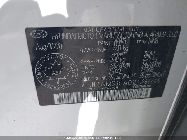 12669321 :رقم المزاد ، 5NMS3CAD1LH266666 vin ، 2020 Hyundai Santa Fe مزاد بيع