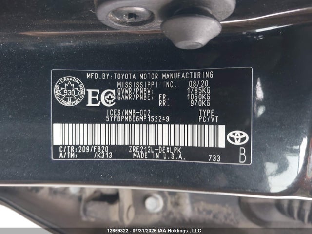 5YFBPMBE6MP152249 Toyota COROLLA LE