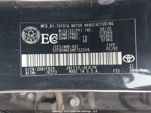 5YFBPMBE6MP152249 Toyota COROLLA LE