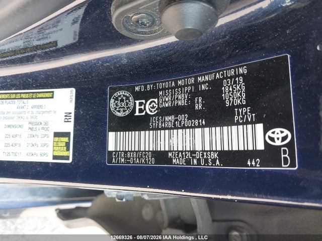 Aukcja sprzedaży 2020 Toyota Corolla Se, vin: 5YFB4RBE1LP002814, numer aukcji: 12669326