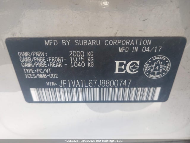 Auction sale of the 2018 Subaru Wrx Limited, vin: JF1VA1L67J8800747, lot number: 12669328