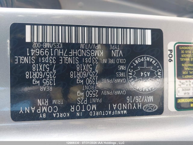 12669330 :رقم المزاد ، KM8SNDHF7HU199641 vin ، 2017 Hyundai Santa Fe Se/limited مزاد بيع