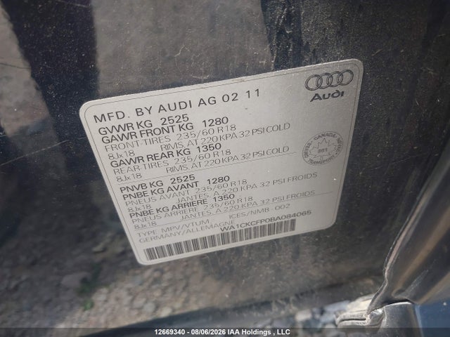 12669340 :رقم المزاد ، WA1CKCFP0BA084065 vin ، 2011 Audi Q5 3.2 مزاد بيع