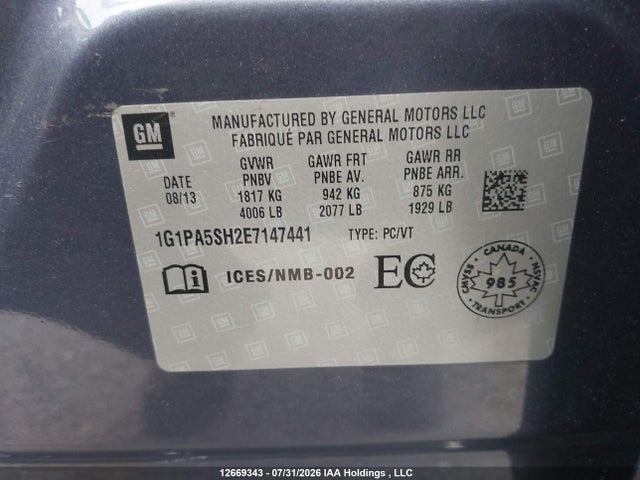 12669343 :رقم المزاد ، 1G1PA5SH2E7147441 vin ، 2014 Chevrolet Cruze Ls مزاد بيع