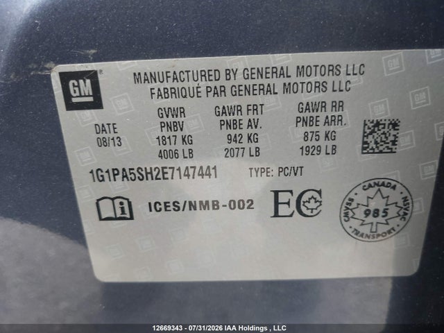 12669343 :رقم المزاد ، 1G1PA5SH2E7147441 vin ، 2014 Chevrolet Cruze Ls مزاد بيع