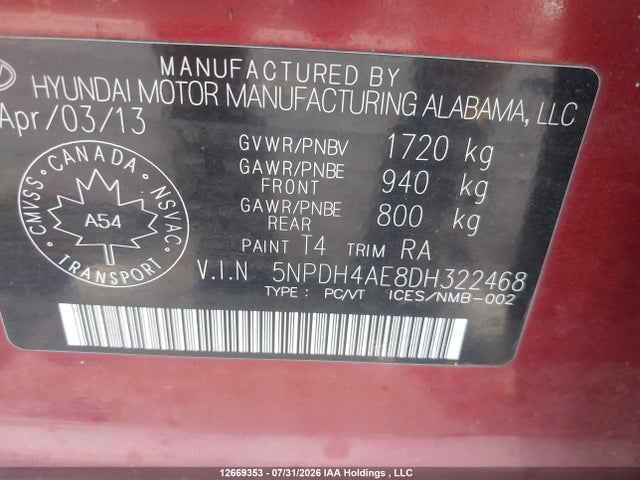 Продаж на аукціоні авто 2013 Hyundai Elantra Gls/limited, vin: 5NPDH4AE8DH322468, номер лоту: 12669353