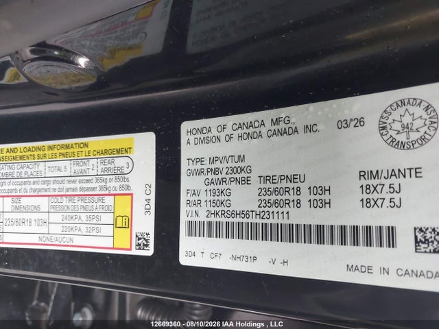 12669360 :رقم المزاد ، 2HKRS6H56TH231111 vin ، 2026 Honda Cr-v مزاد بيع
