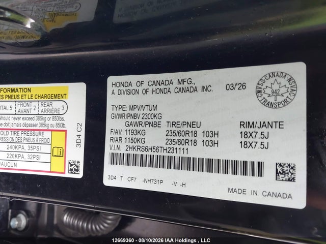 12669360 :رقم المزاد ، 2HKRS6H56TH231111 vin ، 2026 Honda Cr-v مزاد بيع