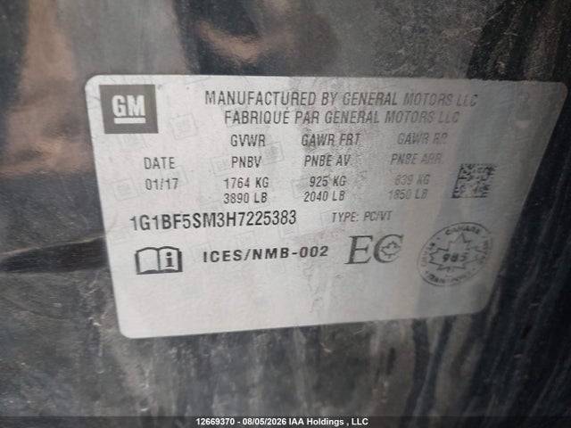 2017 Chevrolet Cruze Premier მანქანა იყიდება აუქციონზე, vin: 1G1BF5SM3H7225383, აუქციონის ნომერი: 12669370