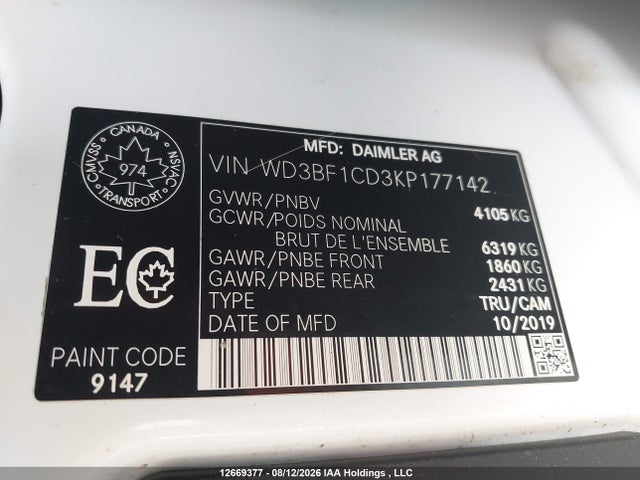 Продажа на аукционе авто 2019 Mercedes-benz Sprinter 2500/3500, vin: WD3BF1CD3KP177142, номер лота: 12669377