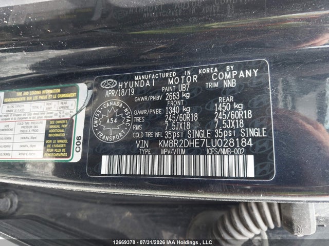 12669378 :رقم المزاد ، KM8R2DHE7LU028184 vin ، 2020 Hyundai Palisade Essential Awd مزاد بيع
