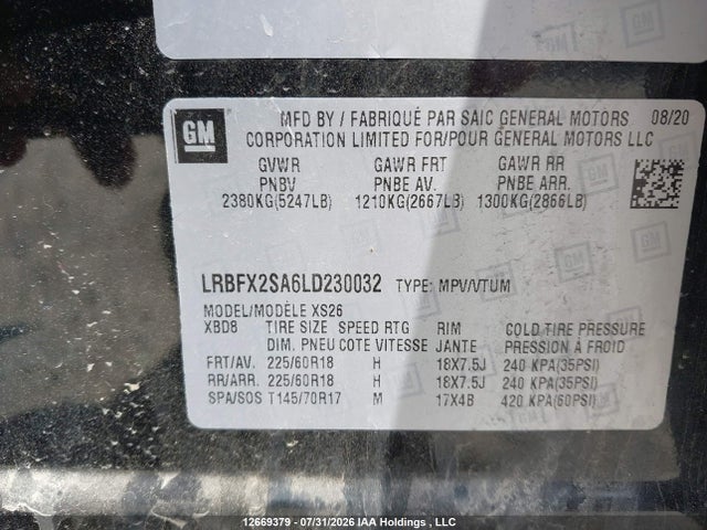 12669379 :رقم المزاد ، LRBFX2SA6LD230032 vin ، 2020 Buick Envision Essence مزاد بيع