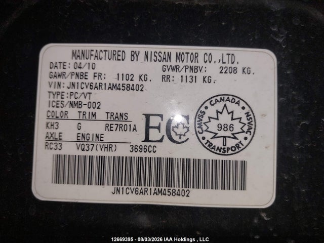 Aukcja sprzedaży 2010 Infiniti G37, vin: JN1CV6AR1AM458402, numer aukcji: 12669395