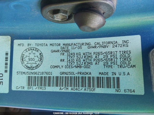Продаж на аукціоні авто 2006 Toyota Tacoma V6, vin: 5TEMU52N96Z187601, номер лоту: 12669396