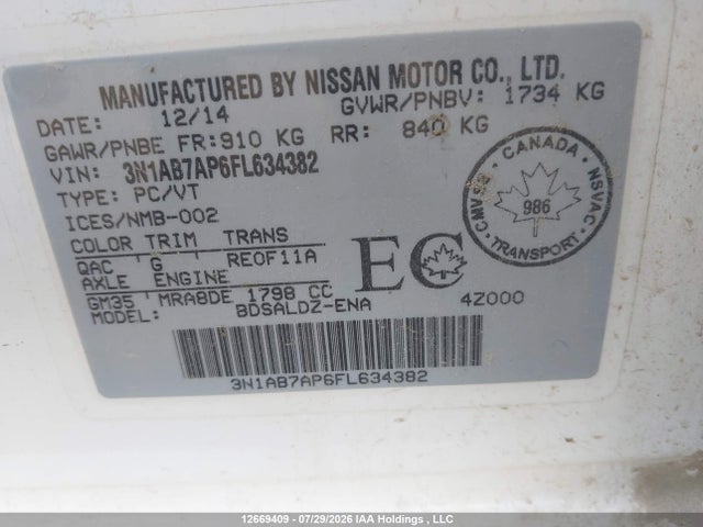 12669409 :رقم المزاد ، 3N1AB7AP6FL634382 vin ، 2015 Nissan Sentra 1.8 S/1.8 Sl/1.8 Sr/1.8 Sv مزاد بيع
