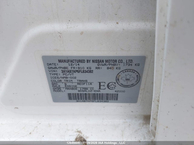 12669409 :رقم المزاد ، 3N1AB7AP6FL634382 vin ، 2015 Nissan Sentra 1.8 S/1.8 Sl/1.8 Sr/1.8 Sv مزاد بيع