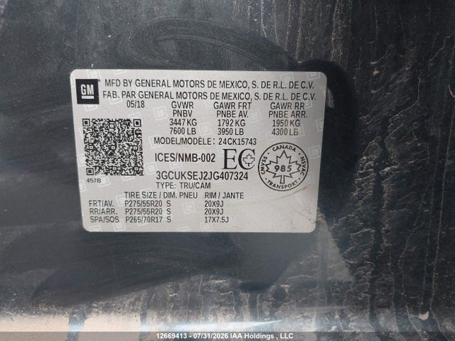 12669413 :رقم المزاد ، 3GCUKSEJ2JG407324 vin ، 2018 Chevrolet Silverado 1500 1lz مزاد بيع