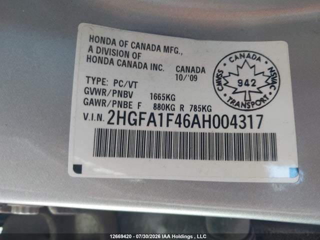 Aukcja sprzedaży 2010 Honda Civic Dx-g, vin: 2HGFA1F46AH004317, numer aukcji: 12669420