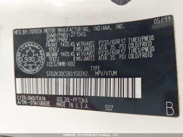 2011 Toyota Sienna V6 7 Passenger მანქანა იყიდება აუქციონზე, vin: 5TDZK3DC5BS150242, აუქციონის ნომერი: 12669426