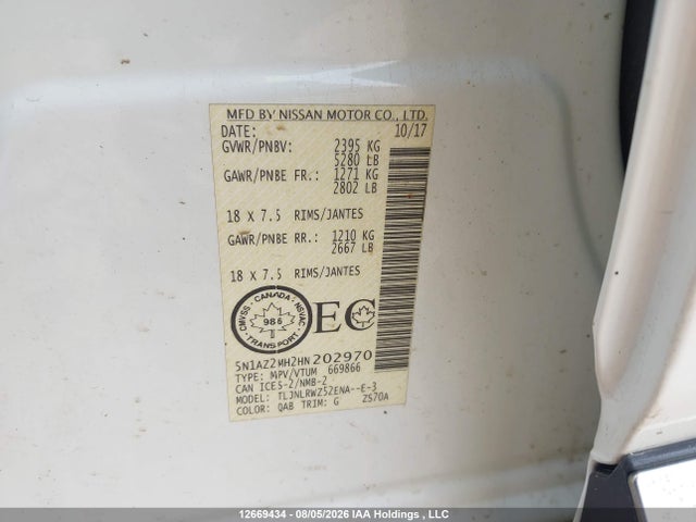 12669434 :رقم المزاد ، 5N1AZ2MH2HN202970 vin ، 2017 Nissan Murano S/sl/sv/platinum مزاد بيع