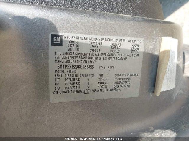 12669437 :رقم المزاد ، 3GTP2XE29CG135893 vin ، 2012 Gmc Sierra 1500 Denali مزاد بيع