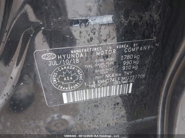 12669440 :رقم المزاد ، KMHD74LF3KU737706 vin ، 2019 Hyundai Elantra Se مزاد بيع