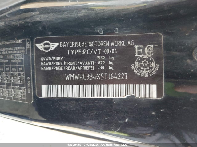Продажа на аукционе авто 2005 Mini Cooper Classic, vin: WMWRC334X5TJ64227, номер лота: 12669445