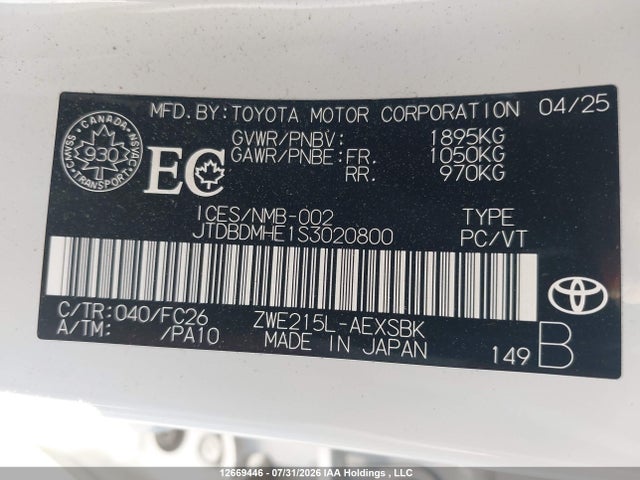 2025 Toyota Corolla Hybrid Se მანქანა იყიდება აუქციონზე, vin: JTDBDMHE1S3020800, აუქციონის ნომერი: 12669446
