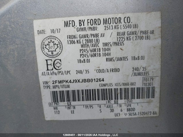 Aukcja sprzedaży 2018 Ford Edge Sel, vin: 2FMPK4J9XJBB01264, numer aukcji: 12669451