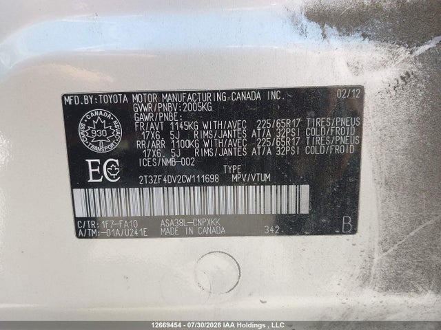 Продаж на аукціоні авто 2012 Toyota Rav4, vin: 2T3ZF4DV2CW111698, номер лоту: 12669454