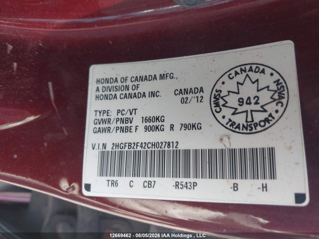 Продаж на аукціоні авто 2012 Honda Civic Lx, vin: 2HGFB2F42CH027812, номер лоту: 12669462