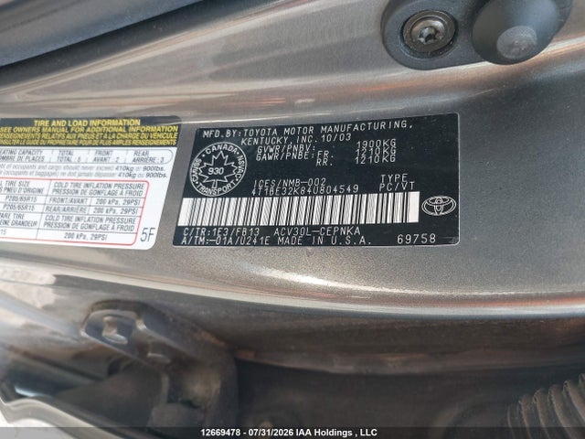 2004 Toyota Camry მანქანა იყიდება აუქციონზე, vin: 4T1BE32K84U804549, აუქციონის ნომერი: 12669478