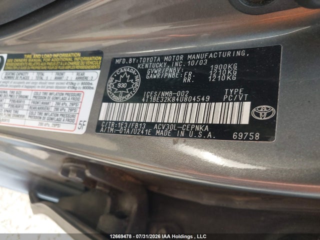 2004 Toyota Camry მანქანა იყიდება აუქციონზე, vin: 4T1BE32K84U804549, აუქციონის ნომერი: 12669478