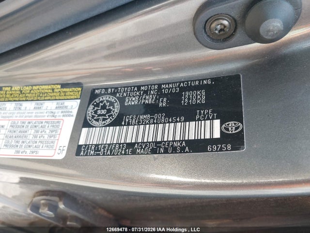 2004 Toyota Camry მანქანა იყიდება აუქციონზე, vin: 4T1BE32K84U804549, აუქციონის ნომერი: 12669478