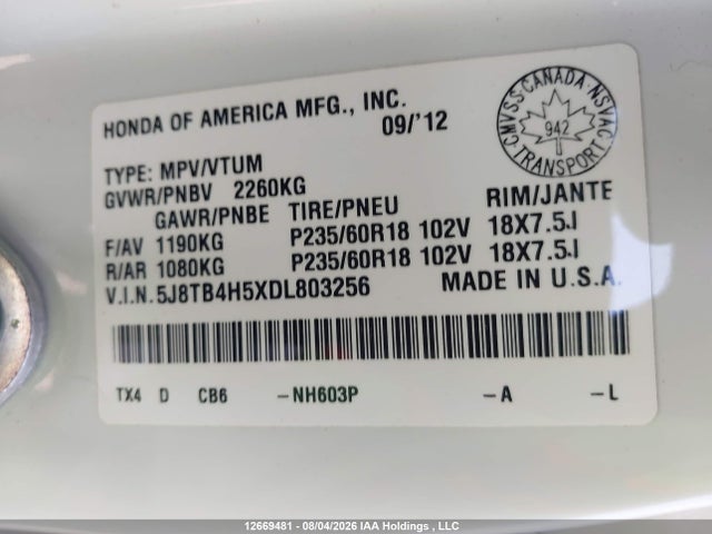 Продаж на аукціоні авто 2013 Acura Rdx, vin: 5J8TB4H5XDL803256, номер лоту: 12669481