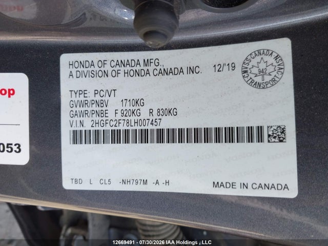 2HGFC2F78LH007457 Honda CIVIC EX