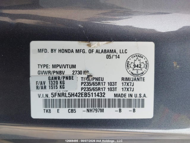 Honda ODYSSEY EX 2014 5FNRL5H42EB511432 Image 9