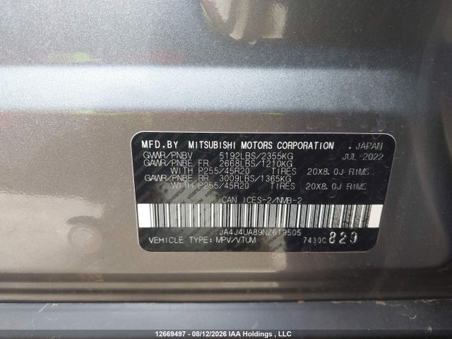 2022 Mitsubishi Outlander Le/le Premium/se/sel მანქანა იყიდება აუქციონზე, vin: JA4J4UA89NZ619505, აუქციონის ნომერი: 12669497
