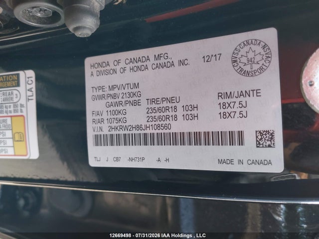 Продаж на аукціоні авто 2018 Honda Cr-v Exl, vin: 2HKRW2H86JH108560, номер лоту: 12669498