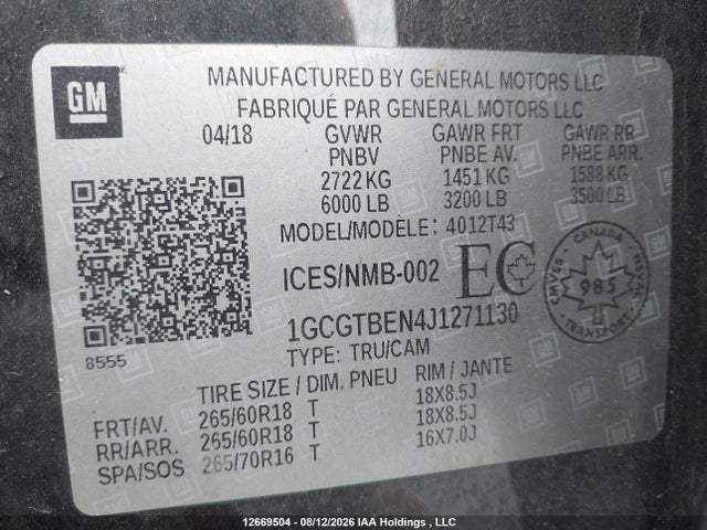 Продажа на аукционе авто 2018 Chevrolet Colorado Wt, vin: 1GCGTBEN4J1271130, номер лота: 12669504
