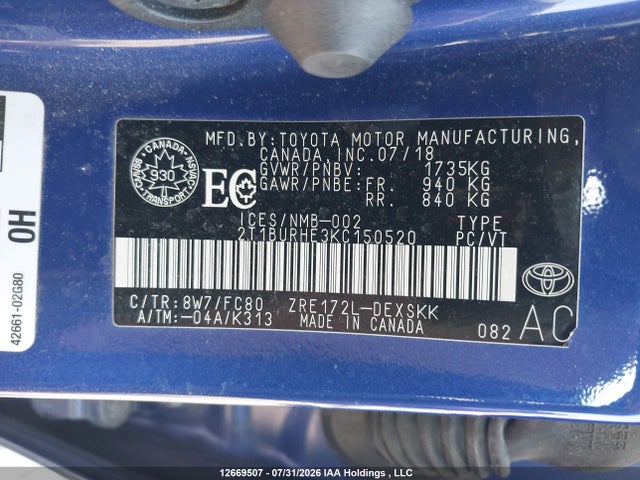 12669507 :رقم المزاد ، 2T1BURHE3KC150520 vin ، 2019 Toyota Corolla L/le/xle/se/xse مزاد بيع